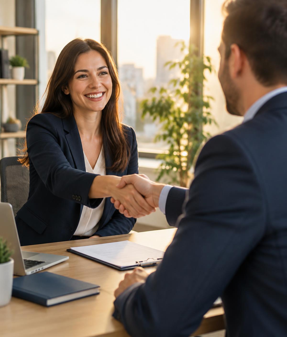 A recruiter shaking hands with a candidate in a bright office